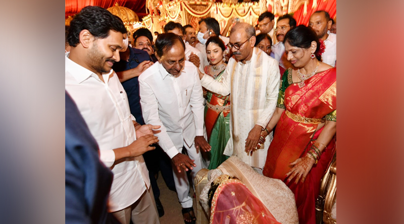 AP and Telangana CMs YS Jagan and KCR blessing the new couple. AP CM OSD Krishna Mohan Reddy is in the picture