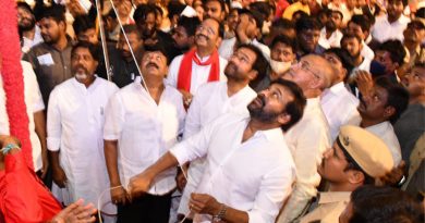 Chiranjeevi, Kishan Reddy, Telangana and Andhra ministers Talasani, Srinivas Goud, Srinivasa Venu Gopal Reddy and others at the May Day celebrations of film workers